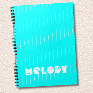 Neon Cyan White Thin Vertical Striped Name Notebook