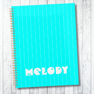 Neon Cyan White Thin Vertical Striped Name Planner