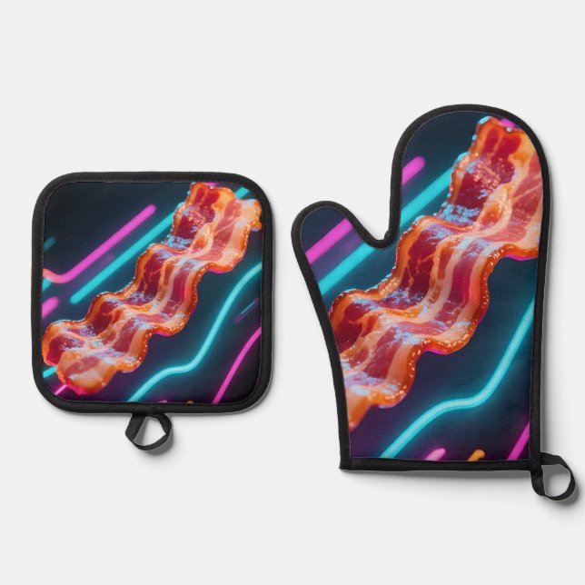 Neon Cyber Bacon Strip Oven Mitt & Pot Holder Set (Front)