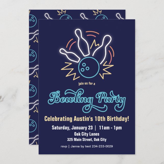 Neon Cyber Bowling Birthday Invitation (Front/Back)