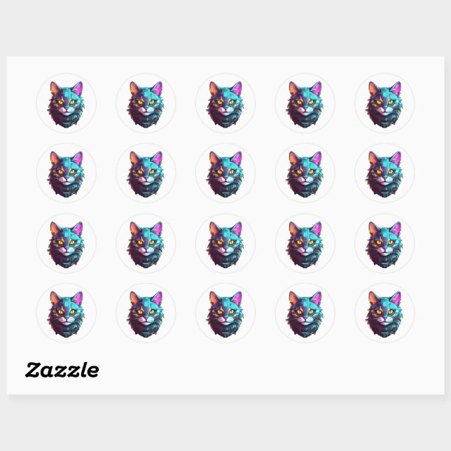 Neon Cyber Cat Classic Round Sticker (Sheet)