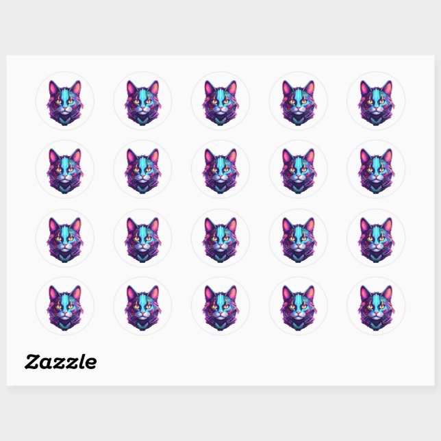 Neon Cyber Cat Classic Round Sticker (Sheet)