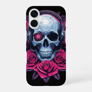 Neon Cyber Death Skull and Roses Black iPhone 16 Case