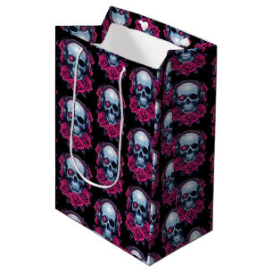 Neon Cyber Death Skull and Roses Black Medium Gift Bag