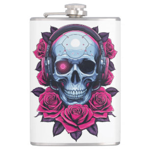 Neon Cyber Death Skull and Roses White Hip Flask