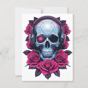 Neon Cyber Death Skull and Roses White Postcard