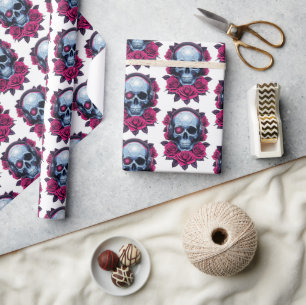Neon Cyber Death Skull and Roses White Wrapping Paper