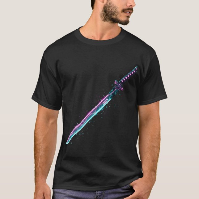 ​Neon Cyber-Katana: Digital Blade Tech T-Shirt (Front)