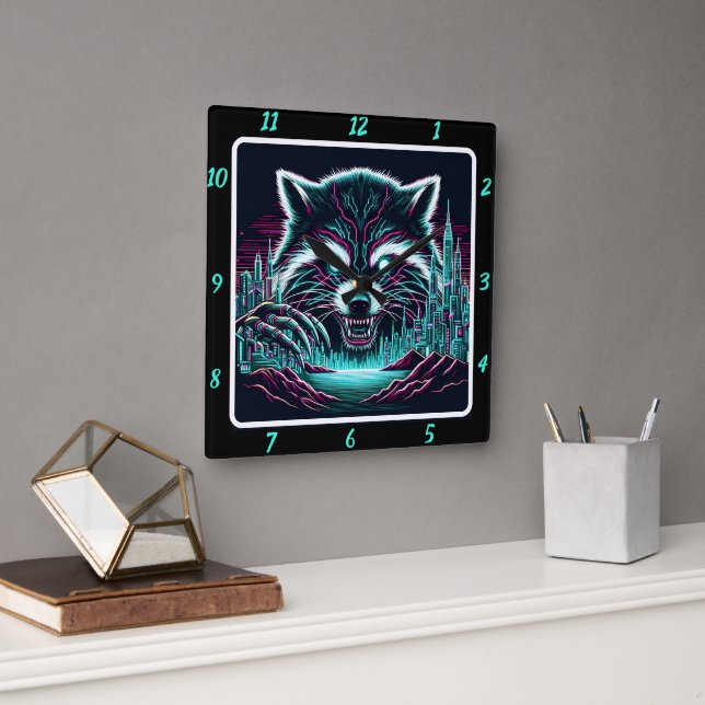 Neon Cyber Racoon City  Square Wall Clock (Office)