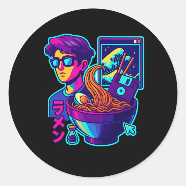 Neon Cyber Ramen – Vaporwave Retro Aesthetic Art Classic Round Sticker (Front)
