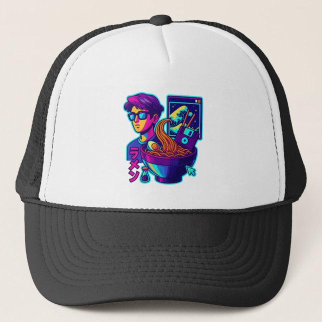Neon Cyber Ramen – Vaporwave Retro Aesthetic Art Trucker Hat (Front)