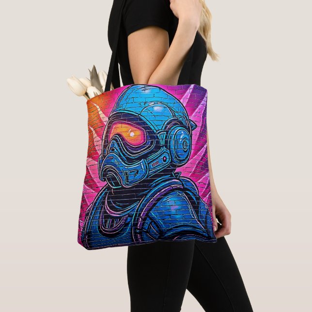 Neon Cyberpunk Astronaut Tote Bag (Close Up)