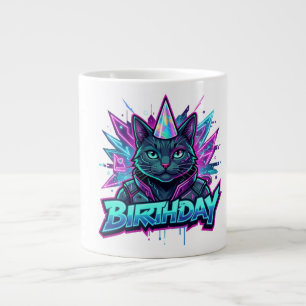 Neon Cyberpunk Cat Birthday Party Graphic Large Coffee Mug