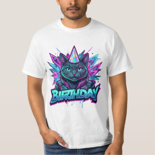 Neon Cyberpunk Cat Birthday Party Graphic T-Shirt