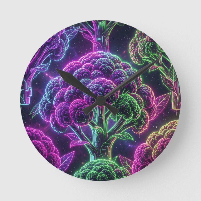 Neon Cyberpunk Cauliflower Galaxy Round Clock (Front)
