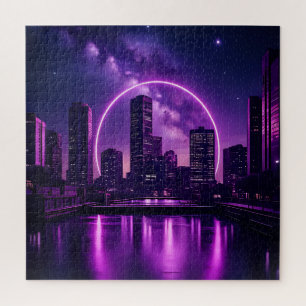 Neon Cyberpunk Cityscape – Futuristic Purple Jigsaw Puzzle