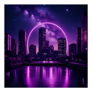 Neon Cyberpunk Cityscape – Futuristic Purple Poster