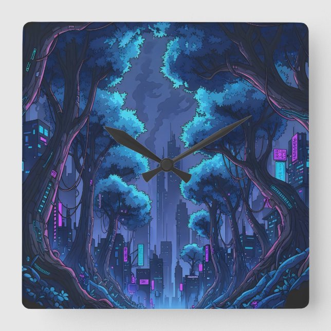 Neon Cyberpunk Cityscape Metropolis Futuristic Square Wall Clock (Front)