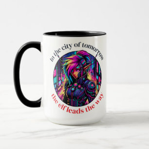 Neon Cyberpunk Elf in Futuristic Cityscape Mug