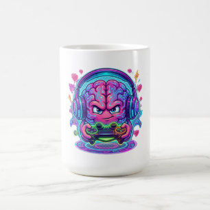 Neon Cyberpunk Gamer Brain Level Up Controller Coffee Mug