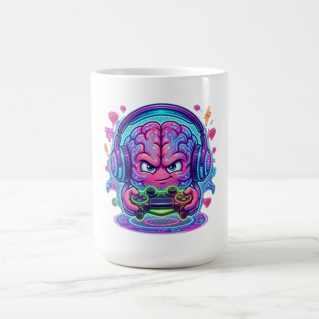 Neon Cyberpunk Gamer Brain Level Up Controller Coffee Mug (Center)