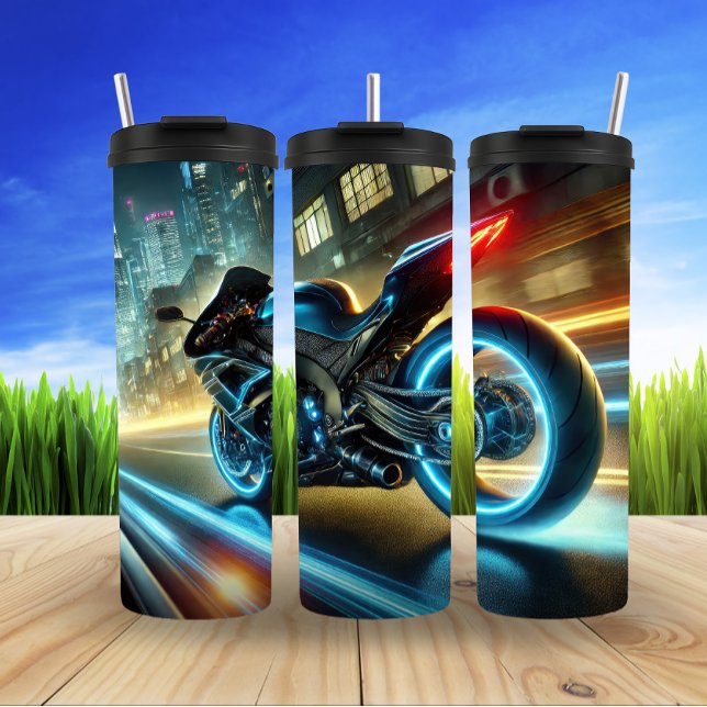 Neon Cyberpunk Motorcycle Urban Thrill Thermal Tumbler (Creator Uploaded)