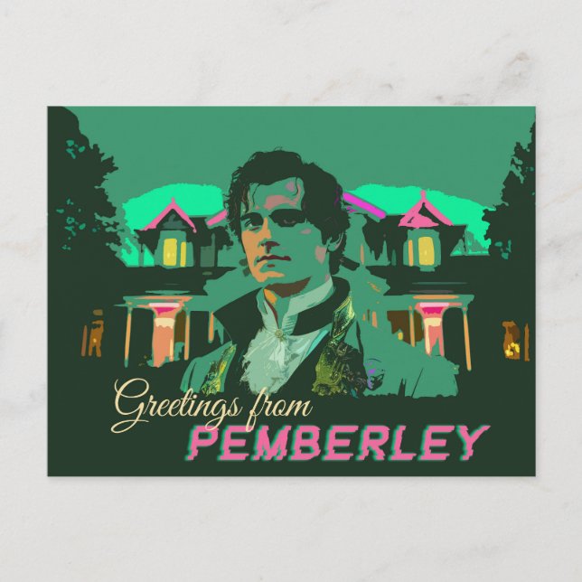 Neon Cyberpunk Mr Darcy Greetings from Pemberley Postcard (Front)