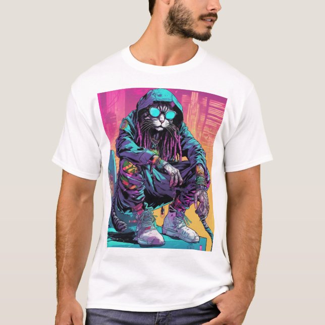 Neon Cyberpunk Rastafari Cat T-Shirt (Front)