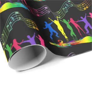Neon Dance Party Music People On Black Wrapping Paper