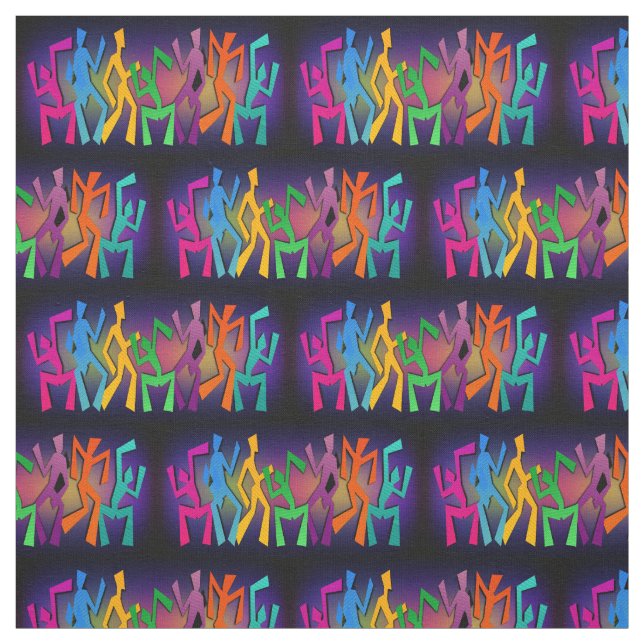 Neon Dancing Stick People On Black Fabric (Swatch)