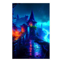 Neon Dark Fantasy Castle Cyberpunk River