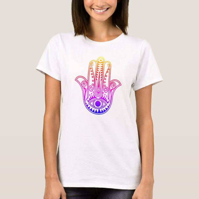 Neon design Hamsa Hand on women's t-shirt.  T-Shirt (Front)