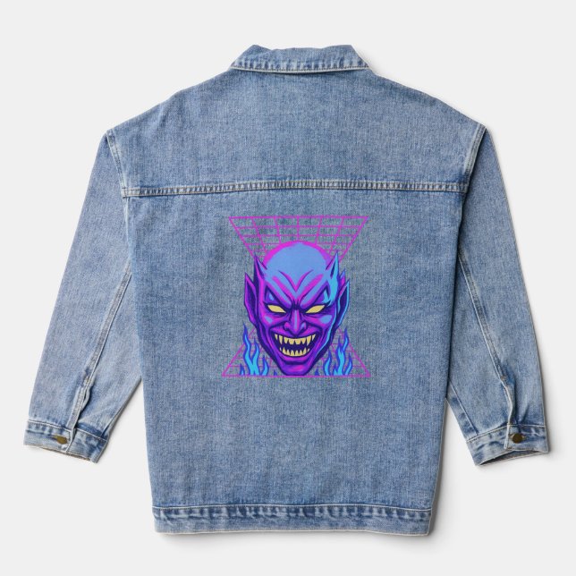 Neon Devil Synthwave Demon Head Retro Horror Denim Jacket (Back)