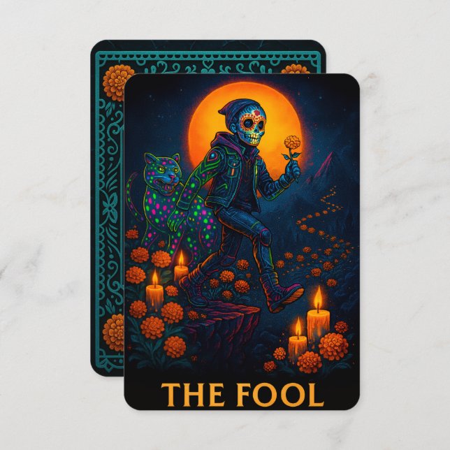 Neon Dia de los Muertos The Fool Tarot Card (Front/Back)