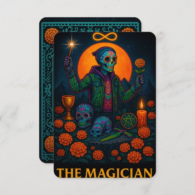 Neon Dia de los Muertos The Magician Tarot Card (Front/Back)