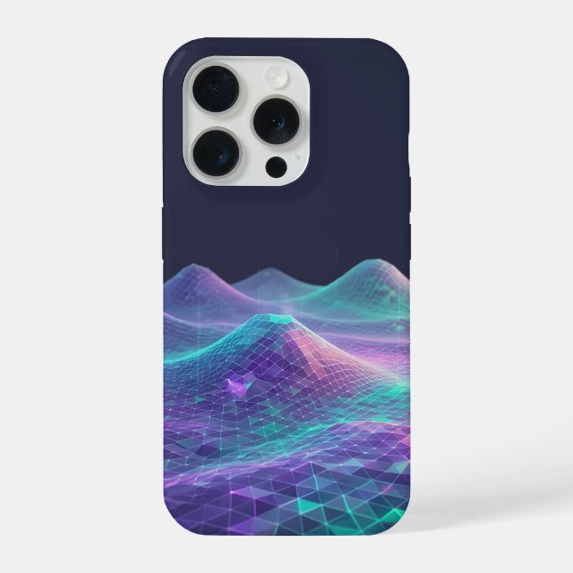 Neon Digital Mountains Grid Art - Tech Aesthetic D iPhone Case (Back)