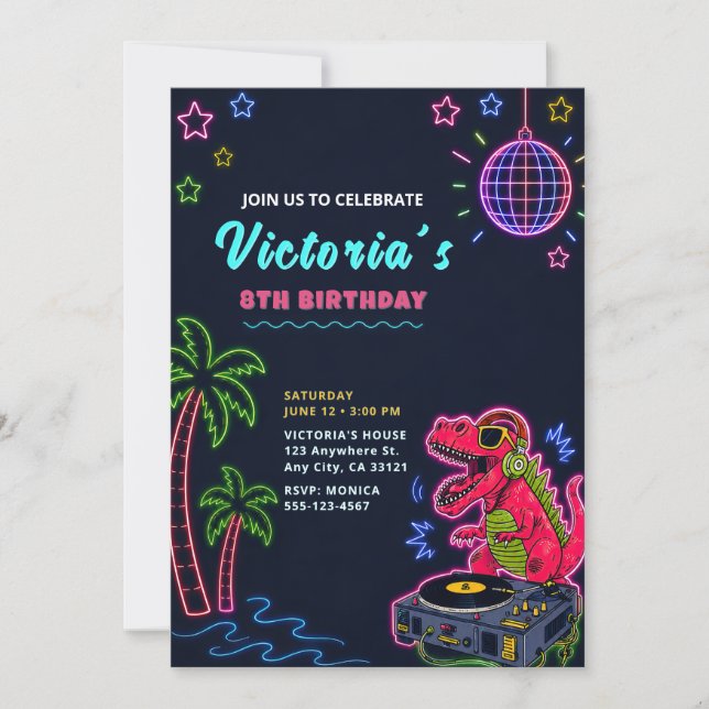 Neon Dinosaur Birthday Invitation (Front)