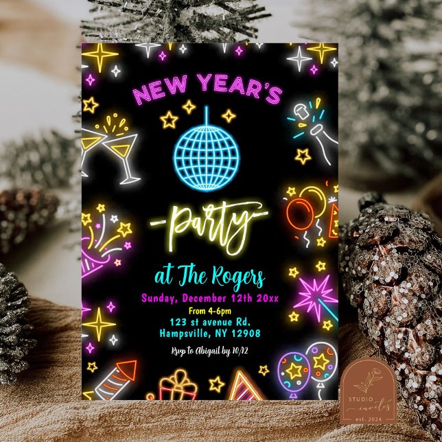 Neon Disco Ball New Year's Holiday Party Invitation (Creator Uploaded)