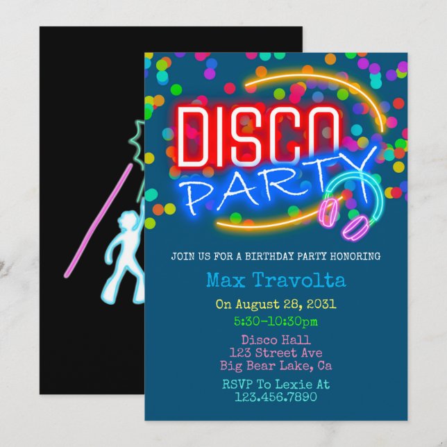 Neon Disco Birthday Party Invitation (Front/Back)