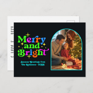 Neon Disco Merry and Bright Retro Christmas Holiday Postcard