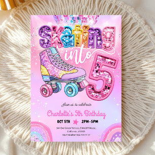 Neon Disco Roller Skating 5th Birthday Invitation