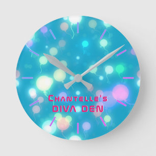 NEON DIVA DEN - Blue Lights Girls Personalised Round Clock