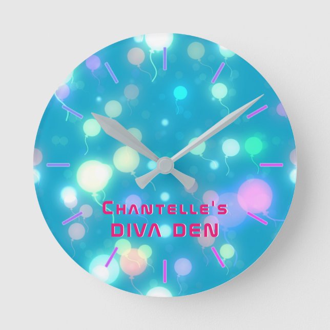 NEON DIVA DEN - Blue Lights Girls Personalised Round Clock (Front)