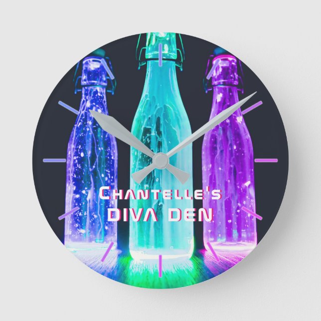 NEON DIVA DEN - Party Bottles Personalised Round Clock (Front)
