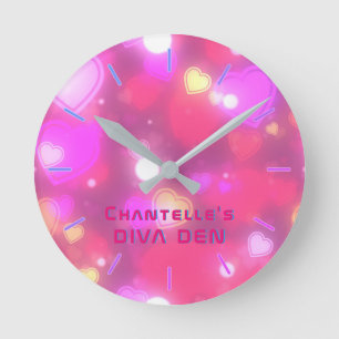 NEON DIVA DEN - Pink Hearts Girls Personalised Round Clock