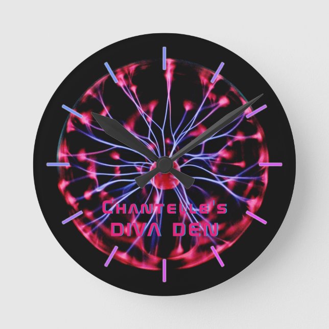 NEON DIVA DEN - Plasma Ball Personalised Round Clock (Front)