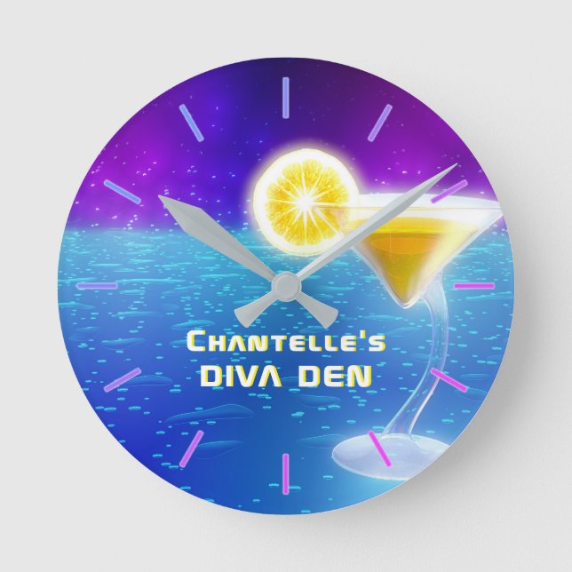 NEON DIVA DEN - Tropical Cocktails Personalised Round Clock (Front)