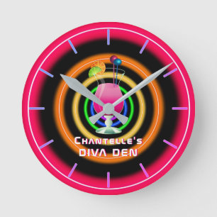 NEON DIVA DEN - Tropical Cocktails Personalised Round Clock