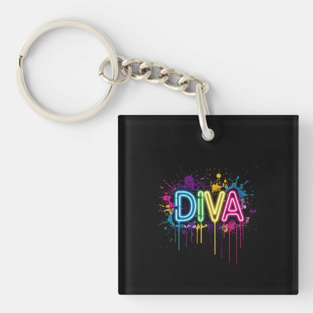 Neon Diva Graffiti Collage with Dripping Paint on  Key Ring (Front)