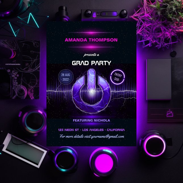 Neon DJ Music Graduation Party Invitation (Creator Uploaded)